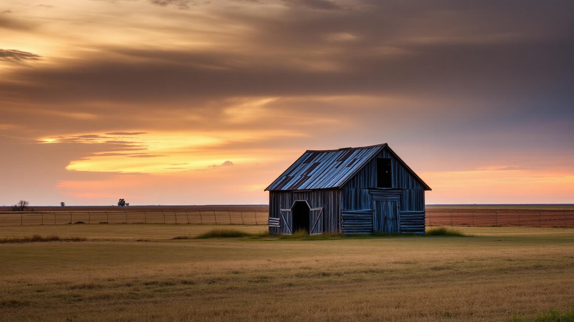 Nebraska plains at dusk with an old barn