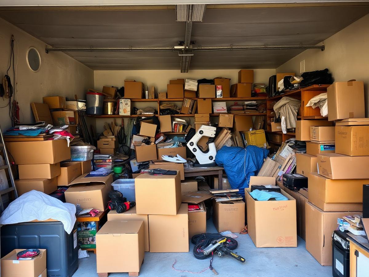 Cluttered garage full of boxes before cleanout